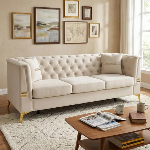 Vista 10 de WILLIAMSPACE Sofá Chesterfield de 88.2 pulgadas para sala de estar, sofás de 3 plazas tapizado de poliuretano para apartamento de oficina