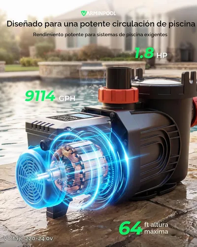Vista 6 de Bomba de piscina de velocidad variable de 1.8 HP para piscinas elevadas e interiores, hasta 9114 GPH, bomba de piscina inversora de 220 V con motor