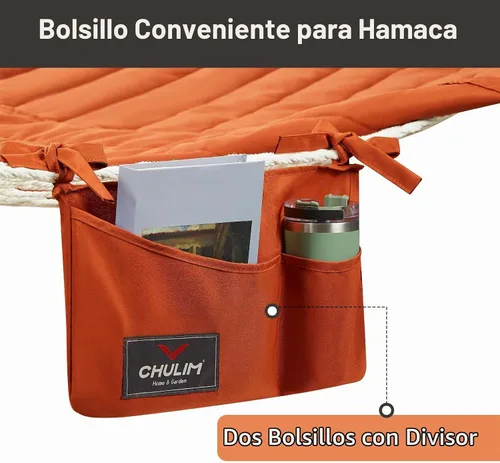 Vista 4 de CHULIM Hamaca doble al aire libre con barras de esparcidor de madera dura, hamaca de cuerda grande con almohada de poliéster y cojín, capacidad