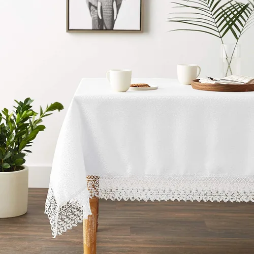 Vista 4 de Violet Linen Legacy - Diseño adoquinado de macramé, borde de encaje de macramé, jacquard de poliéster, blanco, 52 x 70 pulgadas, con capacidad