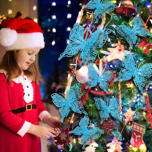 Vista 5 de Charniol 36 piezas de 3 tamaños para árbol de Navidad, decoraciones de mariposa hueca con purpurina, adornos colgantes con clips para manualidades