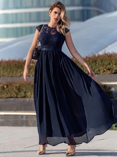 Vista 3 de Miusol Vestido de encaje floral formal para mujer, de manga corta, para fiesta de noche, largo Azul marino