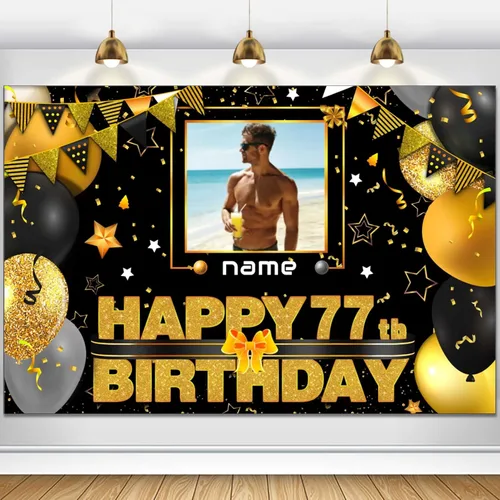 Vista 26 de Cartel decorativo personalizado de feliz cumpleaños número 100 - Personalización disponible - Negro y dorado - Tamaño grande - Admite fotos