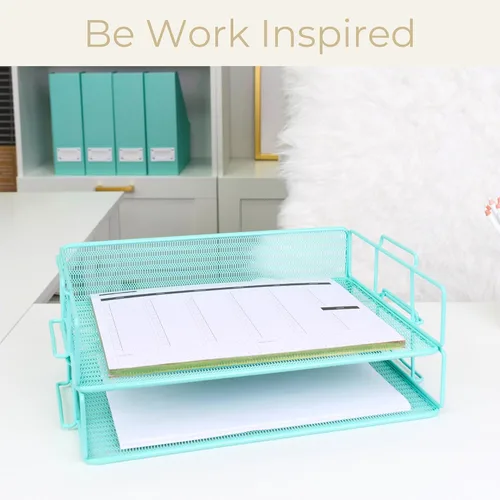 Vista 2 de BLU MONACO Aqua Mesh Juego de 2 Bandejas de Papel Bandejas Apilables para Cartas para Almacenamiento de Escritorio Soporte de Documentos