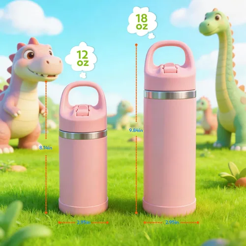 Vista 9 de Hydraful Botella de agua para niños de 12 onzas con tapa de pajilla, botella de acero inoxidable aislada al vacío, botella de agua deportiva sin BPA