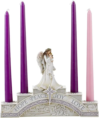 Vista 10 de Avalon Gallery Candelabro de resina esculpida de Adviento/Navidad, 7.25 x 9.75 pulgadas, corona de belén de ángel Corona de Natividad de Ángel