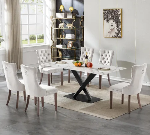 Vista 61 de Juego de 5 mesas de comedor, juego de mesa de cocina y comedor para 4, mesa de cocina rectangular de mármol sintético blanco de 47 pulgadas con base