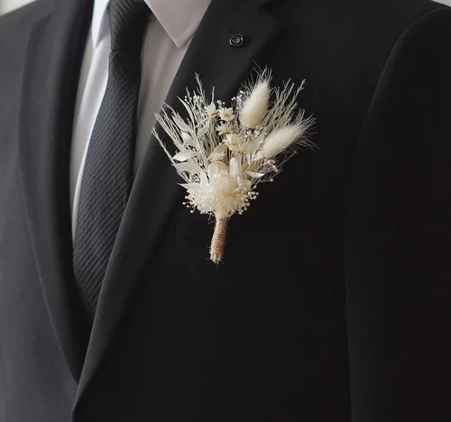 Vista 6 de Flores secas de hierba de las pampas blancas, ramo de flores secas rústicas, pin de solapa para mujeres/novio (B10)