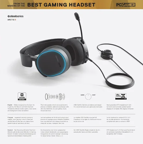 Vista 9 de SteelSeries Arctis 5 Gaming Headset - RGB Illumination - DTS Headphone X v2.0 Surround for PC and PlayStation 5, PS4 - Black