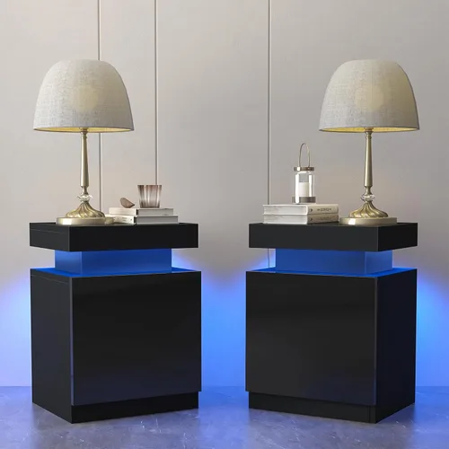 Vista 11 de oneinmil Juego de 2 mesitas de noche con luces LED, mesita de noche con armario de almacenamiento para dormitorio, mesita de noche con LED