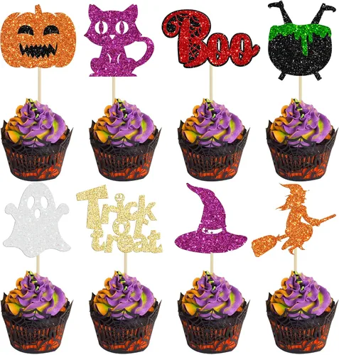 Vista 29 de Gyufise 1 pieza de decoración de pastel de cumpleaños con purpurina montada de terror clásico de Halloween para temática de terror sangriento