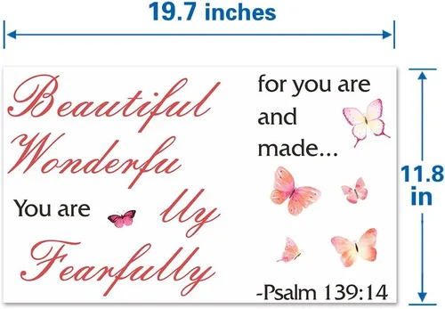 Vista 5 de Calcomanías de pared de mariposas coloridas con versículo bíblico, Salmo 139:14, calcomanías de pared cristianas, You are Beautiful for You are