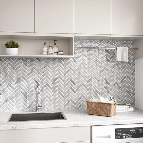 Vista 5 de VEELIKE Azulejos de mármol gris para salpicaduras de pared en muro de cocina en muro de espiga para despegar y pegar, impermeables, 6 hojas