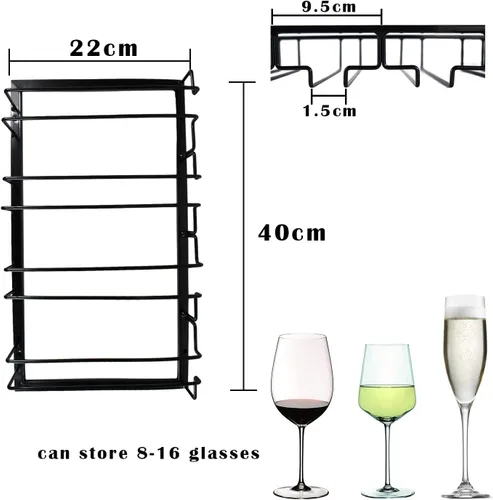 Vista 2 de Estante para copas de vino de 4 filas debajo del gabinete, soporte para copas de vino para colgar debajo del estante, soportes de alambre para copas