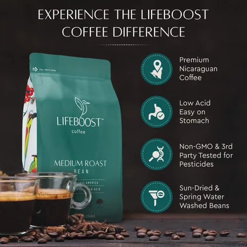 Vista 6 de Lifeboost Café de grano entero de tostado medio, café orgánico bajo en ácido, sin OMG, orgánico USDA, origen único, probado por terceros