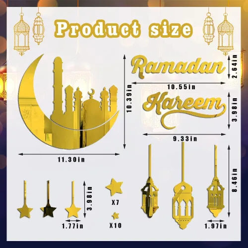 Vista 3 de ALIBBON Calcomanías de Ramadán Kareem, calcomanías doradas de farol de castillo de luna, decoraciones de pared de Eid Mubarak para el hogar