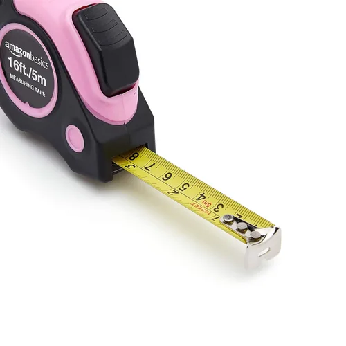 Vista 4 de Amazon Basics Cinta métrica retráctil con botón de presión, fácil de usar, 16 pies, rosa