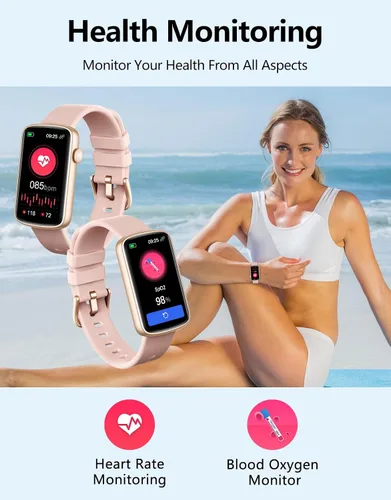 Vista 5 de Rastreador de actividad física con monitor de frecuencia cardíaca, sueño, oxígeno en sangre, reloj delgado para mujeres y hombres, IP68, podómetro