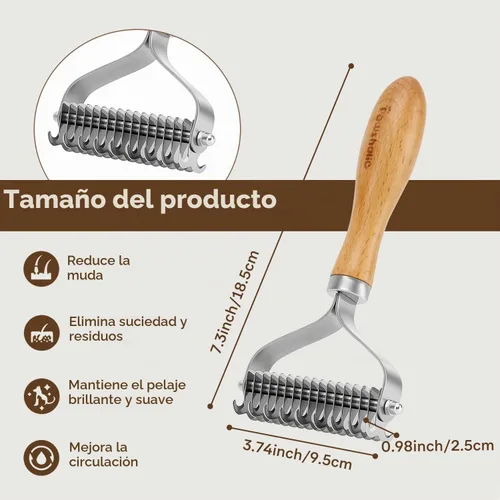 Vista 8 de Rastrillo de capa interior para perros, peine profesional para desenmascarar mascotas con mango de madera, cuchillas de acero inoxidable