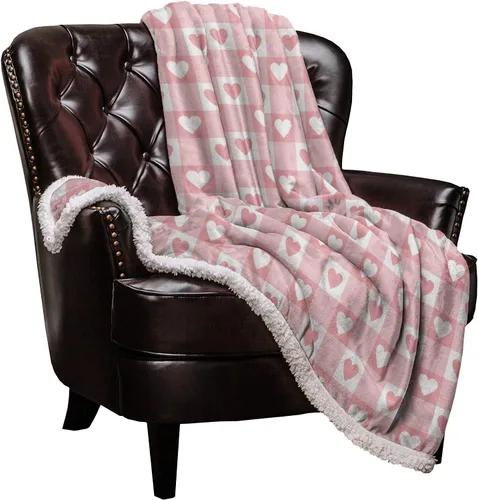 Vista 2 de Chic D Sherpa Manta de cama (fleece) Día de San Valentín Sweetheart, ultra suave, manta para sofá para mujeres/niños, color rosa y blanco