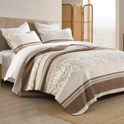 Vista 3 de DDUOXIN Edredón 100 % algodón, tamaño King, moderno edredón botánico a rayas con 2 fundas de almohada, colcha reversible, ligero, delgado, juego