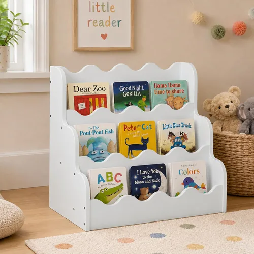 Vista 17 de NACHES Estantería Montessori de 4 niveles para niños, estante de madera con diseño festoneado, organizador de juguetes para guardería, dormitorio