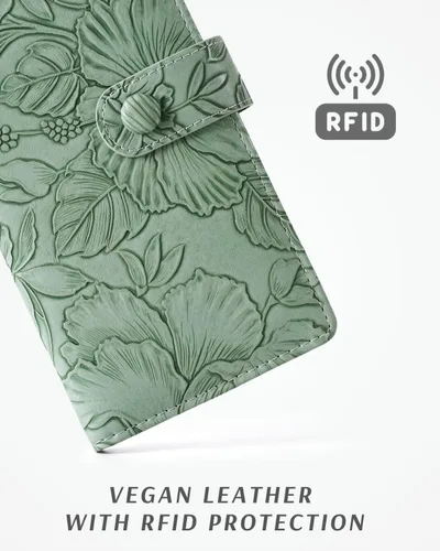 Vista 2 de Unilily Cartera delgada para mujer, con bloqueo RFID, de piel vegana, plegable, tarjetero con 2 ventanas de identificación y bolsillo con Verde