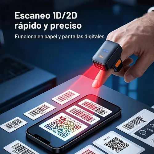 Vista 2 de Tera Anillo portátil del escáner del código de barras: Mini 1D 2D QR lector Rojo