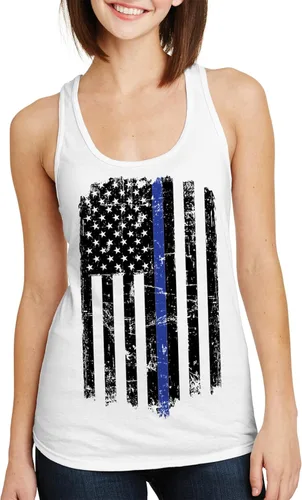 Vista 2 de Threadrock Camiseta sin mangas delgada con espalda cruzada de la bandera americana y azul para mujer, Rojo