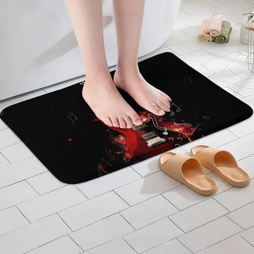Vista 4 de Alfombra de baño de guitarra roja, antideslizante con música hip pop, decoración del hogar, para interiores y niñas, diseño de guitarra roja, tapete