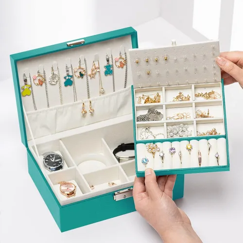 Vista 5 de XYMAO Caja organizadora de joyas cajas de joyería de cuero sintético con cerradura para mujeres y niñas caja de joyería de viaje para anillos aretes