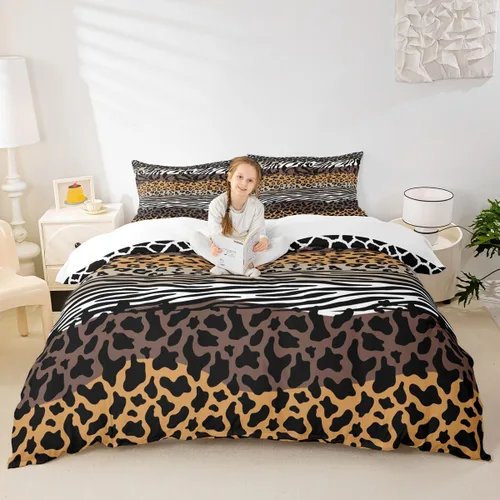 Vista 16 de Juego de funda de edredón con estampado de leopardo, tamaño individual, juego de ropa de cama rústica con rayas de piel de cebra, decoración