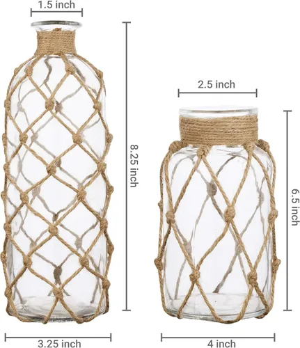 Vista 4 de MyGift Jarrones pequeños de cristal para flores, juego de 2 jarrones de flores costeros con envoltura de cuerda para mesas centros de mesa