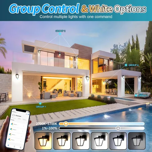 Vista 3 de AKK Luces de pared inteligentes para exteriores con salida GFCI, control de aplicación, luces de porche RGBCW que cambian de color, IP65