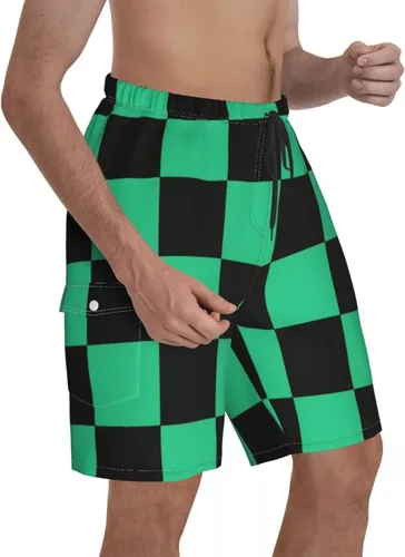Vista 3 de Tanjiro Kamado - Pantalones cortos de mesa con patrón a cuadros Kimetsu No Yaiba Anime Board Pantalones cortos para hombre, trajes de baño