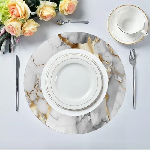 Vista 3 de Round Placemats Set of 1, White Golden Marble Pattern Heat Resistant Washable Place Mats Table Mat for Kitchen Dining Party