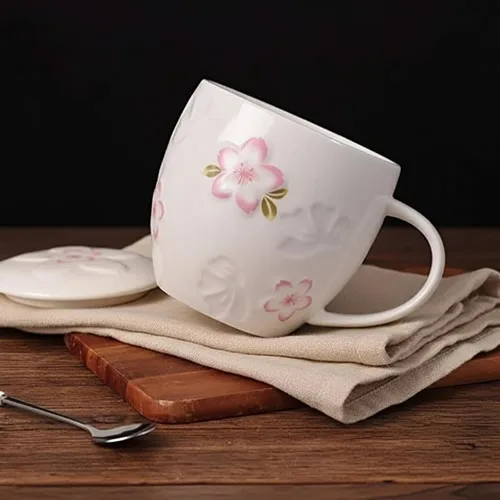 Vista 4 de Taza de té Kawaii con tapa y cuchara, taza de café de flor de cerezo, bonita taza de té de cerámica, el mejor regalo para mujeres, ella, hermana
