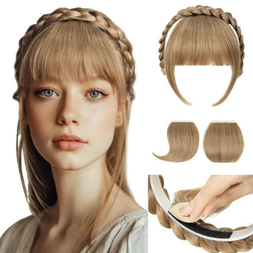 Vista 18 de SARLA Diadema trenzada con 3 flequillos desmontables con clips, extensiones de cabello con flequillo para mujer, banda de cabello sintética falsa