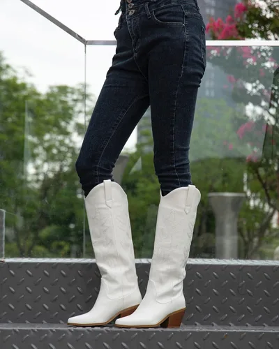 Vista 3 de Botas vaqueras para mujer, botas vaqueras bordadas hasta la rodilla para mujer, cómodas y modernas botas de pantorrilla ancha con punta puntiaguda