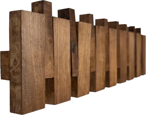 Vista 2 de Perchero hecho a mano de madera de nogal maciza – Ganchos abatibles montados en la pared para chaquetas, sombreros, toallas y bolsas – Organizador