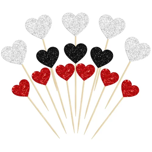 Vista 16 de Gyufise 30 adornos de corazón para cupcakes con purpurina de tamaño mixto con temática de dulce amor, decoración de pastel de corazón, boda Negro