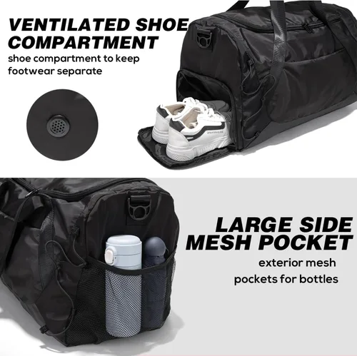 Vista 4 de Bolsa de gimnasio para mujeres y hombres, bolsa de lona para viajes con compartimento para zapatos y bolsillo húmedo, bolsa pequeña de mano