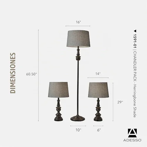 Vista 6 de Adesso Juego de lámparas de 3 piezas: dos lámparas de mesa y una lámpara de pie - Base con acabado de bronce, sombra de espiga oscura, iluminación