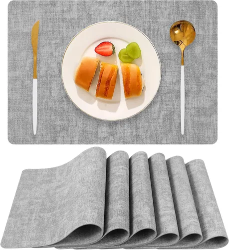 Vista 13 de Juego de 6 manteles individuales de piel sintética (beige) Heat Resistant Wipeable Washable Place Mats, Waterproof Anti-Slip Dining Table Mats