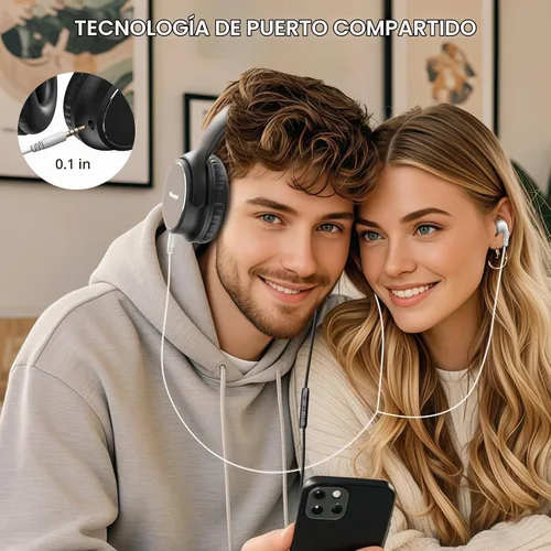 Vista 7 de Auriculares con cable USB C sobre la oreja con micrófono, control de volumen, puerto compartido y diadema ajustable, auriculares estéreo plegables