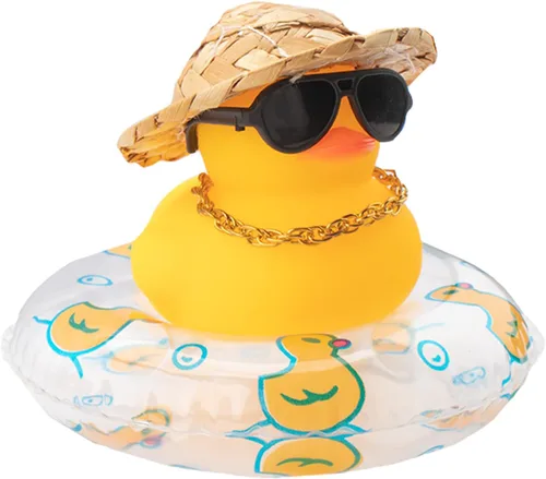Vista 24 de wonuu Pato de goma para automóvil, decoración de pato amarillo con sombrero para el sol, anillo de natación, collar, gafas de sol para decoración