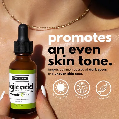 Vista 2 de SkinSetGo - Suero de ácido kójico para cara y cuerpo, ácido kójico prémium con vitamina C, mezcla AHA y BHA, suero diario ligero de 1 onza