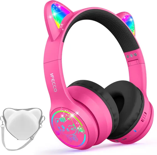 Vista 10 de IFECCO - Auriculares inalámbricos para niños con funda, linda oreja de gato con luz LED, tiempo de reproducción de 50 horas, volumen seguro