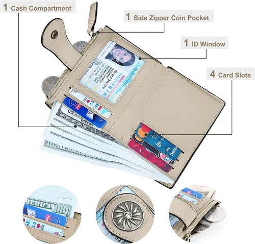 Vista 2 de Tipmile - Cartera pequeña para mujer, cartera de cuero con bloqueo RFID, plegable con bolsillo para monedas y con cremallera, Beige, Casual