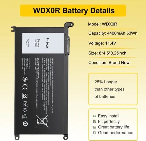 Vista 2 de 50WH WDX0R - Batería de repuesto para laptop Dell Inspiron 13/15/17 5000/7000 5368 5378 7378 5568 5578 5580 57670, Latitude 3180-3590, Vostro 5568